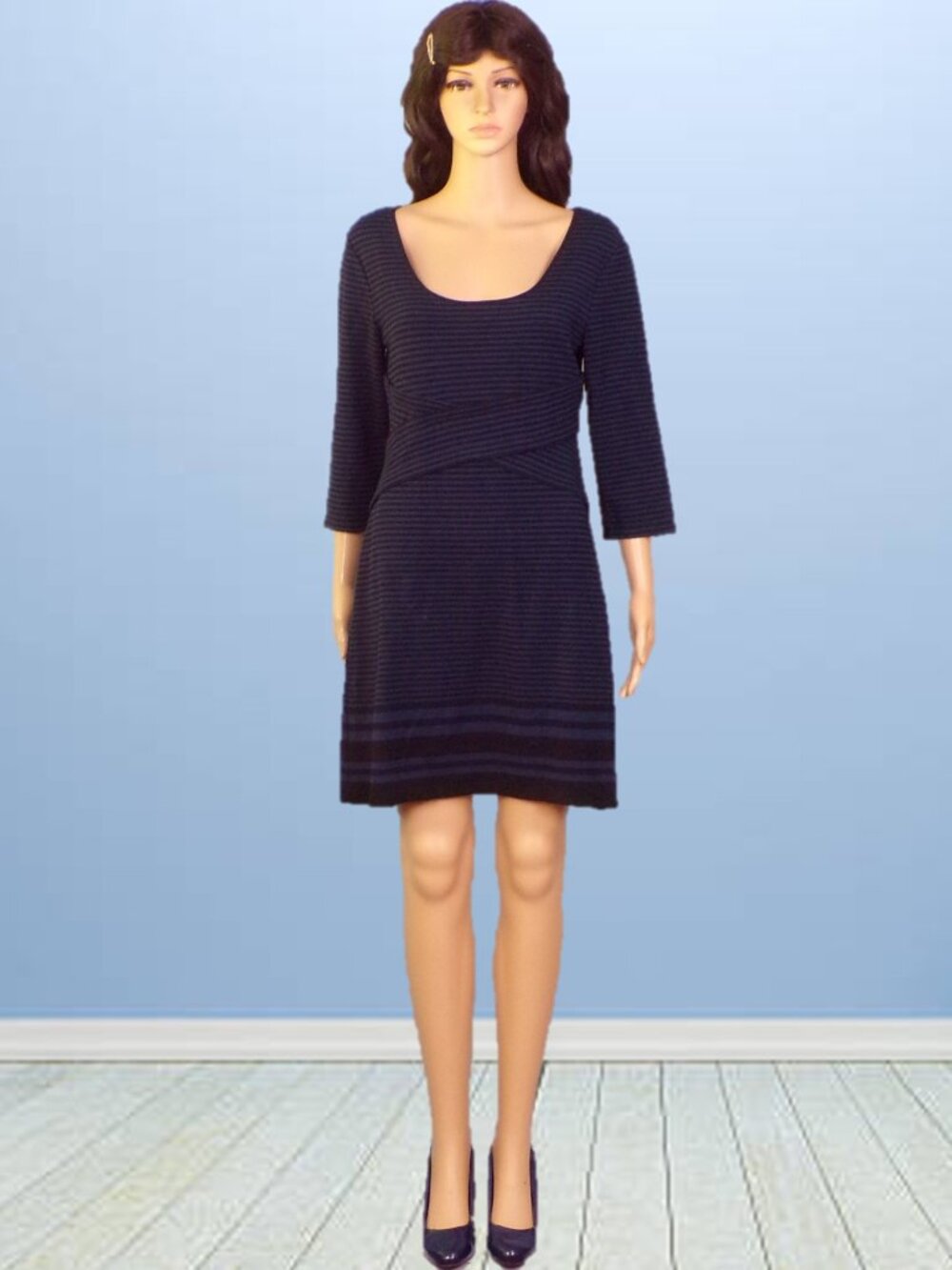 MAX EDITION size M blue/black horizontally striped 3/4-sleeve sheath dress